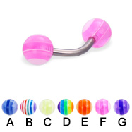 Titanium curved barbell with acrylic layered balls, 14 ga