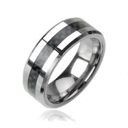 Tungsten carbine ring with black carbon fiber inlay
