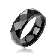 Black faceted tungsten carbine ring with drop down edges