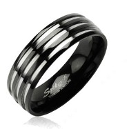 Solid Titanium with Three Stripes on a Black Band Ring