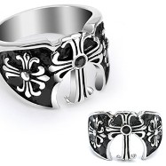 316L Surgical Steel Ring with Three Medieval Cross with a Black Gem