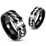 316L Stainless Steel Black IP 2 Tone Ring with Zigzagged Brushed Steel Center