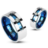 316L Stainless Steel Blue IP Double Layered Ring with A Rotating Gem Slot with CZ