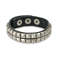 Black Leather Bracelet with Double Row Pyramid Studs