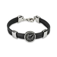 Black Leather Bracelet With 'Love Strauss' Steel Accent With Gem