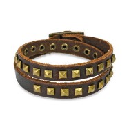 Brown Leather Double Wrap Bracelet With Pyramid Studs