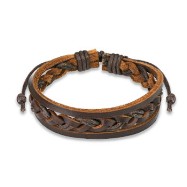 Brown Leather Bracelet With Double Strings Weaved Center