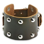 Brown Leather Wide Multi-Dome Studs Bracelet with Adjustable Buckle