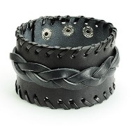 Black Leather Wide Weaved Bracelet With Adjustable Snap Closure