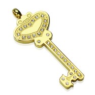 PVD Gold over 316L Stainless Steel Gem Paved Key of Heart Pendant