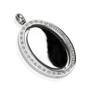 Stainless Steel Gem Paved Oval Frame with Spinning Center Pendant