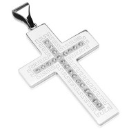 Large Stainless Steel Gem Paved Roman Patterned Cross Pendant