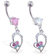 Navel ring with dangling jeweled heart and colorful butterfly