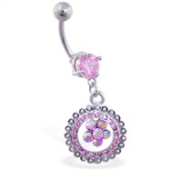 Navel ring with dangling pink jeweled circle with flower
