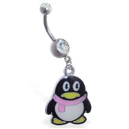 Navel ring with dangling cartoon penguin