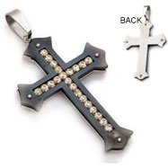 Large stainless steel black colored cross pendant with CZs