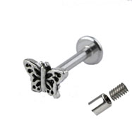 Internally threaded labret stud with butterfly top, 14 ga