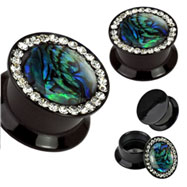 Pair Of Black Acrylic Double Flared Jeweled Plugs with Abalone Inlay Center