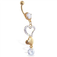 Gold Tone belly ring with dangling hearts and gem