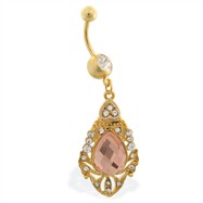 Gold Tone belly ring with dangling royal shield with large gem