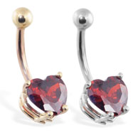14K Gold belly ring with ruby red 8mm CZ heart