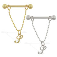 14K Gold gold nipple ring with dangling cursive initial S, 14 ga