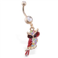 Gold Tone navel ring with dangling red velvet multi-jeweled owl