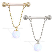 14K Gold nipple ring with dangling white opal ball on chain, 14 ga
