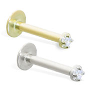 14K Gold internally threaded labret with clear 1.5mm CZ