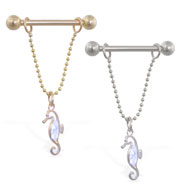 14K Gold nipple ring with dangling jeweled sea horse on chain, 14 ga
