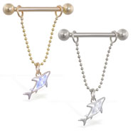 14K Gold nipple ring with dangling jeweled shark on chain, 14 ga