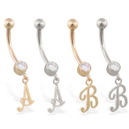 14K Gold belly ring with dangling script initial