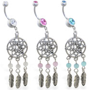 Belly button ring with dangling dream catcher and feathers