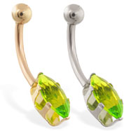 14K Gold belly ring with long peridot marquise CZ