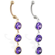 14K Gold belly ring with triple dangling round Amethyst