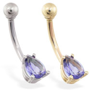 14K Gold belly ring with small Alexandrite teardrop