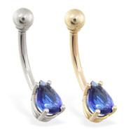 14K Gold belly ring with small blue sapphire teardrop CZ