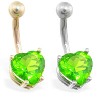 14K Gold belly ring with peridot 8mm CZ heart
