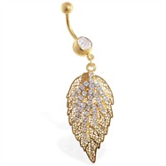 Gold Tone belly ring with large dangling leaf and gems