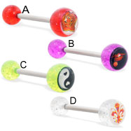 straight barbell with logo glitter balls, 14 ga