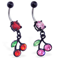 Belly ring with dangling black coated cherries