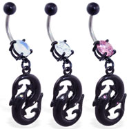 Belly ring with black coated double fish dangle
