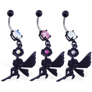 Navel ring with dangling black coated flower and fairy