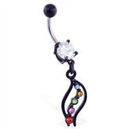 Black coated belly ring with wavy rainbow dangle