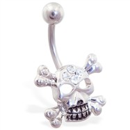 Jeweled skull belly ring with crossbones