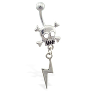 Steel skull belly ring with dangling lightening bolt