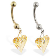 14K Gold belly ring with dangling swarovski yellow crystal heart
