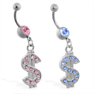 Belly ring with dangling jeweled dollar sign