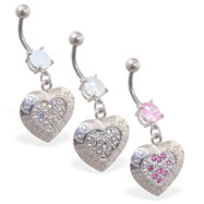 Navel ring with dangling jeweled heart with "Love, Peace, Hope"
