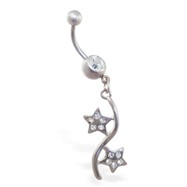 Jeweled belly button ring with double pave jeweled star dangle